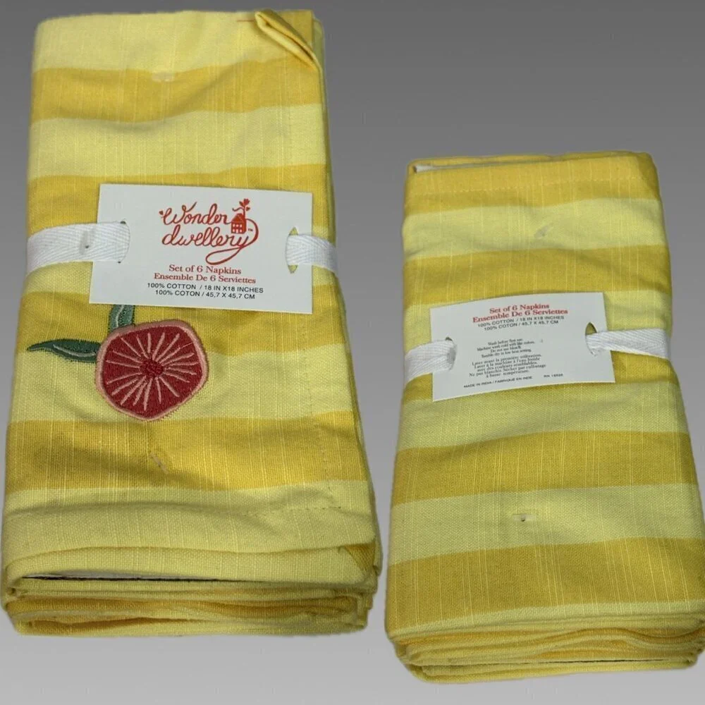 Wonder Dwellery Yellow Striped Embroidered Fruit Accent Cotton Napkins-6 Pack
